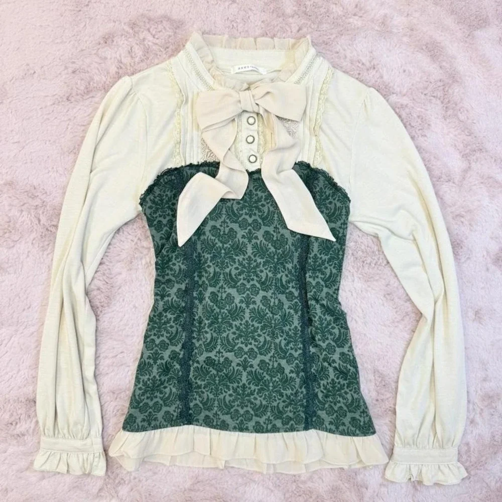 Axes Femme Jacquard Corset Blouse Lace Bow Himekaji Womens Medium green - Picture 3 of 8